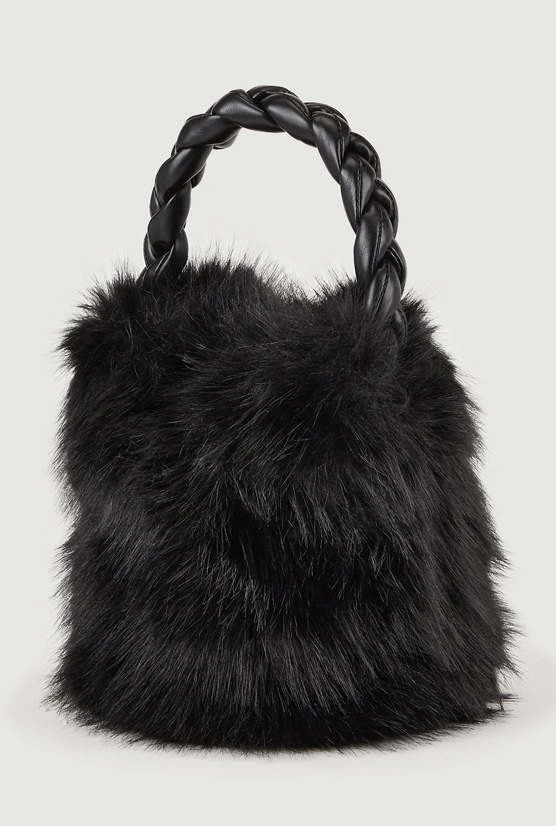Womens Braided Handle Faux Fur Bucket Bag, Black
