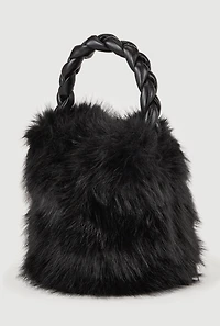 Womens Braided Handle Faux Fur Bucket Bag, Black