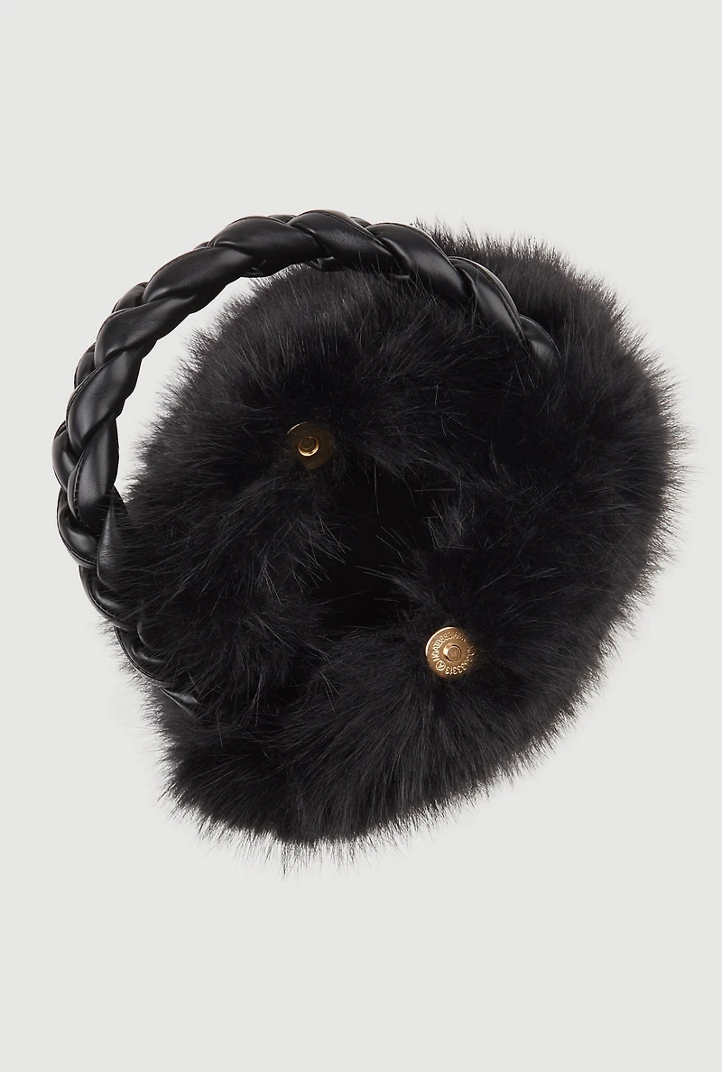 Womens Braided Handle Faux Fur Bucket Bag, Black