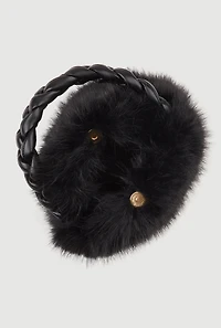 Womens Braided Handle Faux Fur Bucket Bag, Black