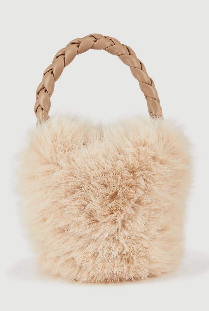 Braided Handle Faux Fur Bucket Bag