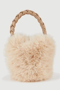 Braided Handle Faux Fur Bucket Bag