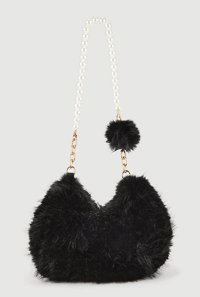Faux Pearl Chain Detail Faux Fur Hobo Bag