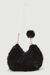 Faux Pearl Chain Detail Faux Fur Hobo Bag