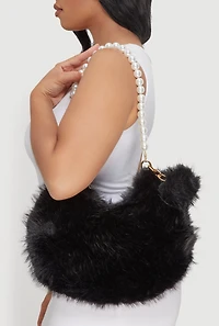 Faux Pearl Chain Detail Faux Fur Hobo Bag