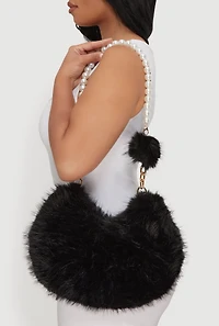 Faux Pearl Chain Detail Faux Fur Hobo Bag