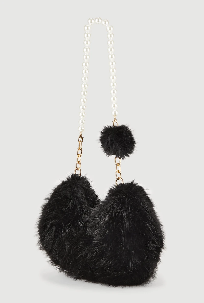 Faux Pearl Chain Detail Faux Fur Hobo Bag
