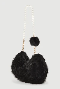Faux Pearl Chain Detail Faux Fur Hobo Bag