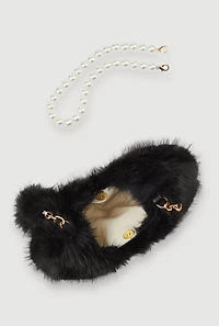 Womens Faux Pearl Chain Detail Faux Fur Hobo Bag, Black