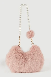 Faux Pearl Chain Detail Faux Fur Hobo Bag