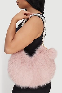 Faux Pearl Chain Detail Faux Fur Hobo Bag