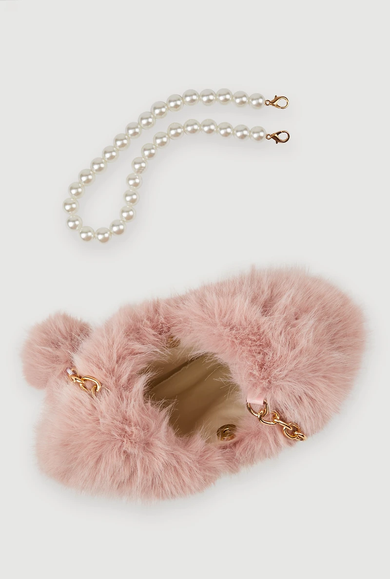Faux Pearl Chain Detail Faux Fur Hobo Bag