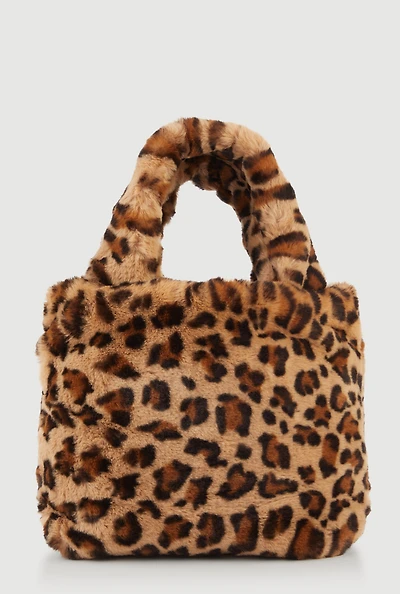 Womens Leopard Print Faux Fur Handbag, Brown