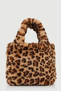 Womens Leopard Print Faux Fur Handbag, Brown
