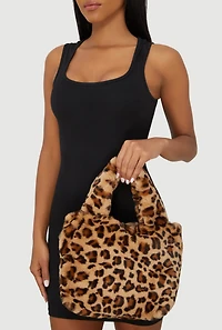 Womens Leopard Print Faux Fur Handbag, Brown