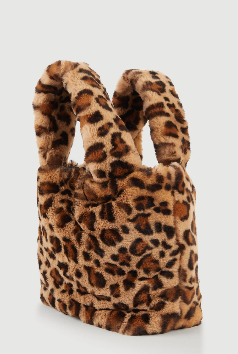 Womens Leopard Print Faux Fur Handbag, Brown