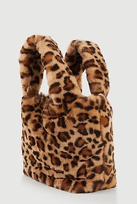 Womens Leopard Print Faux Fur Handbag, Brown