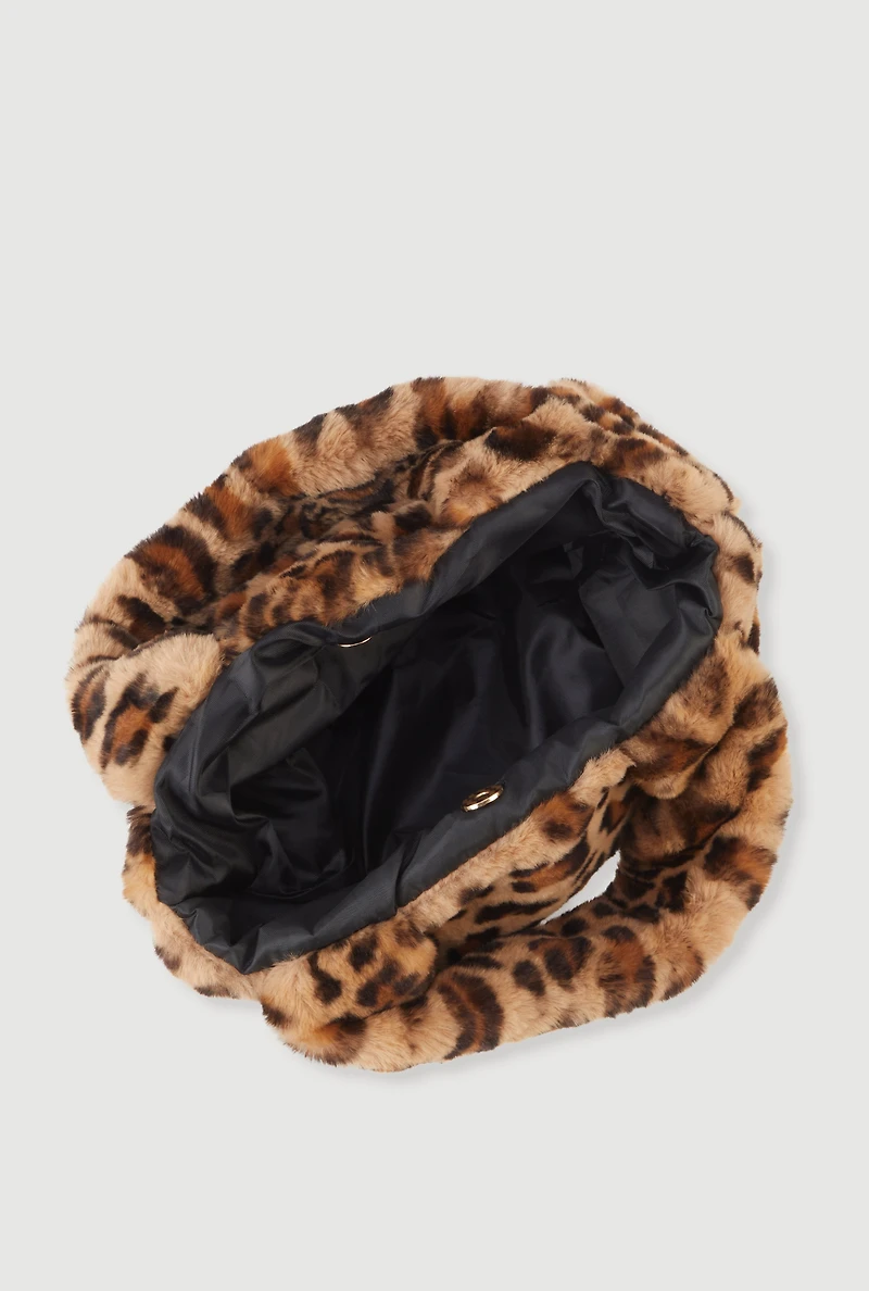 Womens Leopard Print Faux Fur Handbag, Brown