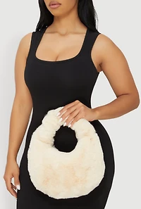 Womens Faux Fur Knot Handle Handbag, Beige