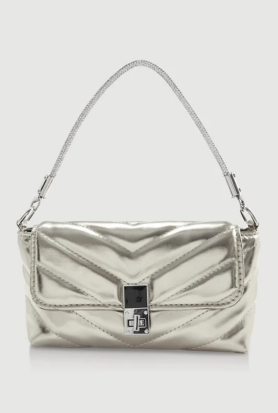 Womens Chevron Quilted Convertible Handbag, Silver