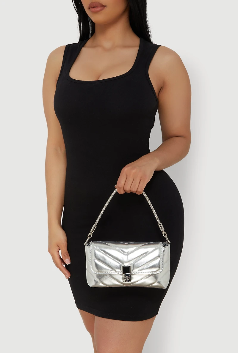 Womens Chevron Quilted Convertible Handbag, Silver