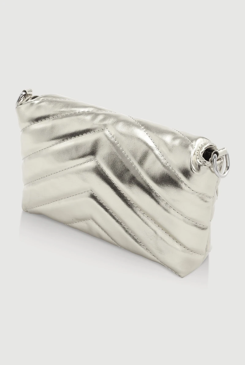 Womens Chevron Quilted Convertible Handbag, Silver