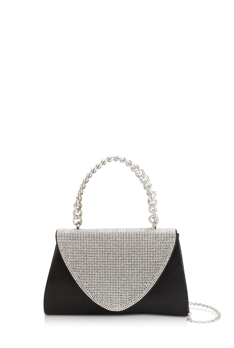 Womens Rhinestone Flap Chain Strap Handbag, Black