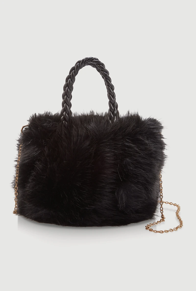Womens Braided Handle Metallic Chain Faux Fur Crossbody Bag, Black