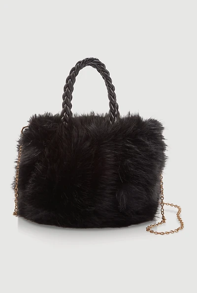 Womens Braided Handle Metallic Chain Faux Fur Crossbody Bag, Black