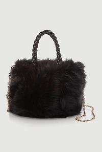 Braided Handle Metallic Chain Faux Fur Crossbody Bag