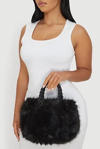 Womens Braided Handle Metallic Chain Faux Fur Crossbody Bag, Black
