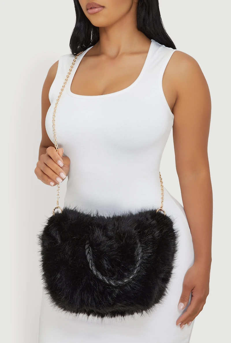 Womens Braided Handle Metallic Chain Faux Fur Crossbody Bag, Black