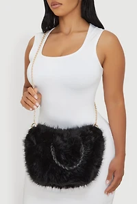 Womens Braided Handle Metallic Chain Faux Fur Crossbody Bag, Black