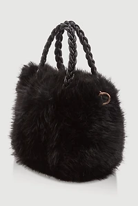Womens Braided Handle Metallic Chain Faux Fur Crossbody Bag, Black