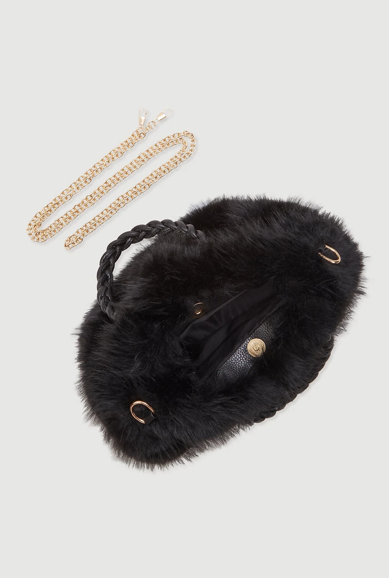 Womens Braided Handle Metallic Chain Faux Fur Crossbody Bag, Black
