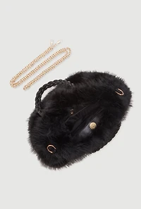 Womens Braided Handle Metallic Chain Faux Fur Crossbody Bag, Black