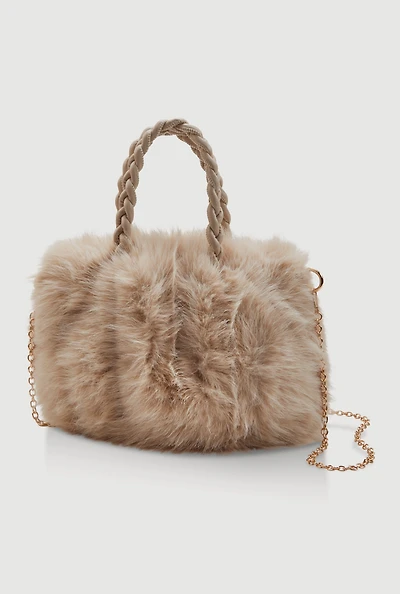 Womens Braided Handle Metallic Chain Faux Fur Crossbody Bag, Beige