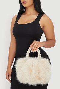 Womens Braided Handle Metallic Chain Faux Fur Crossbody Bag, Beige