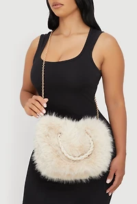 Womens Braided Handle Metallic Chain Faux Fur Crossbody Bag, Beige