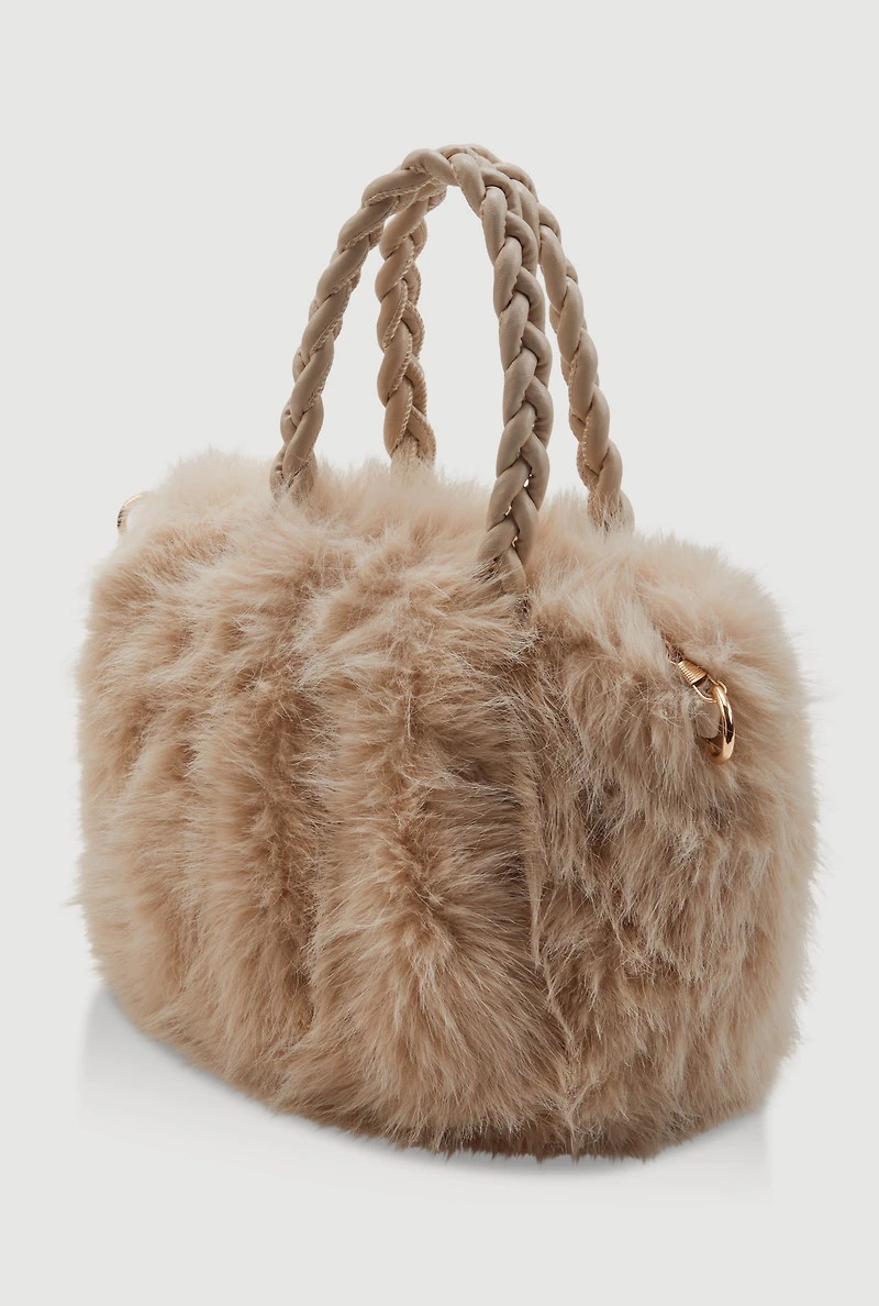 Womens Braided Handle Metallic Chain Faux Fur Crossbody Bag, Beige