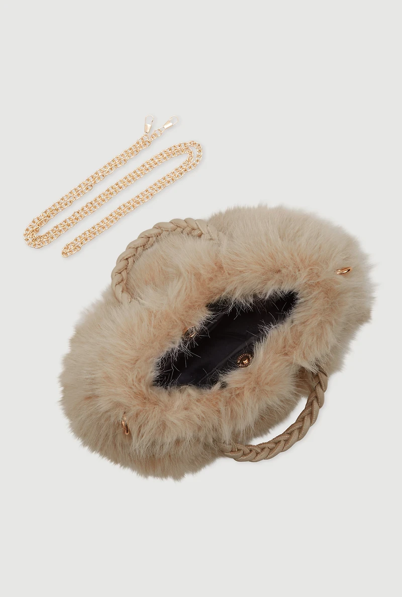 Womens Braided Handle Metallic Chain Faux Fur Crossbody Bag, Beige