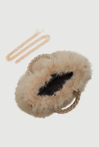 Womens Braided Handle Metallic Chain Faux Fur Crossbody Bag, Beige