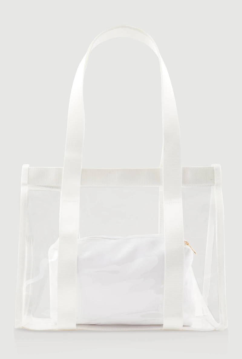 Womens Contrast Trim Clear Tote Bag with Pouch, White