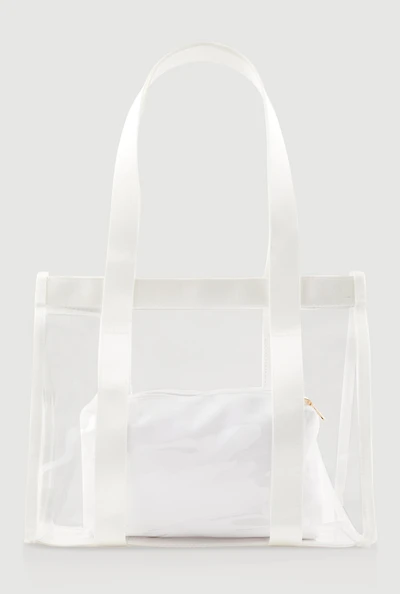 Womens Contrast Trim Clear Tote Bag with Pouch, White