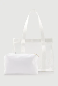 Womens Contrast Trim Clear Tote Bag with Pouch, White