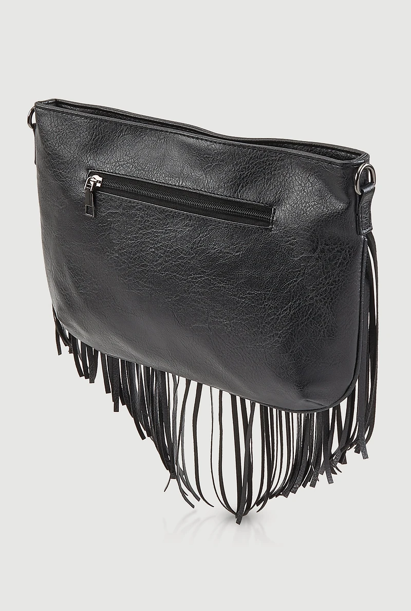 Womens Fringe Studded Crossbody Clutch Bag, Black