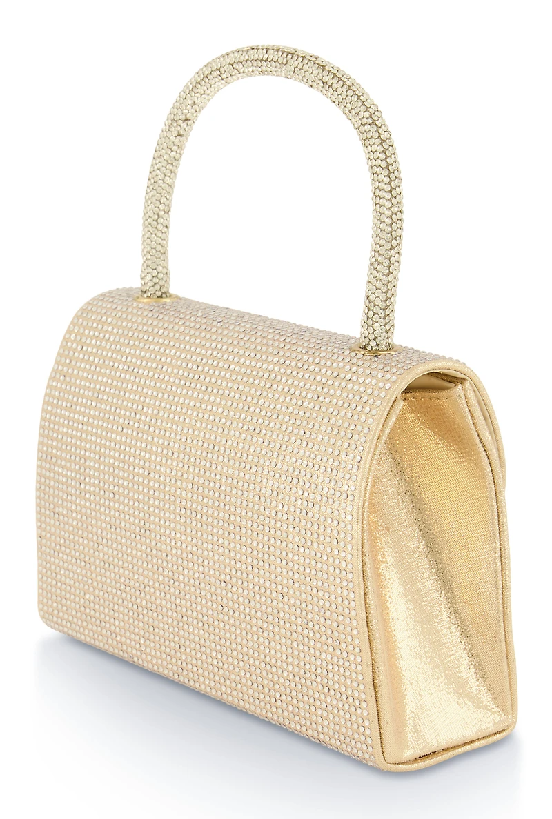 Womens Rhinestone Bow Convertible Handbag, Gold