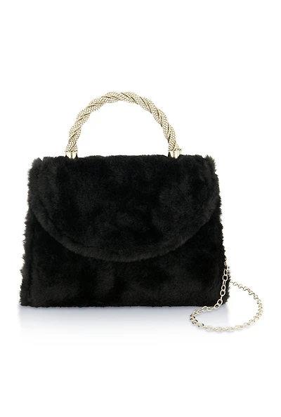 Rhinestone Handle Faux Fur Handbag