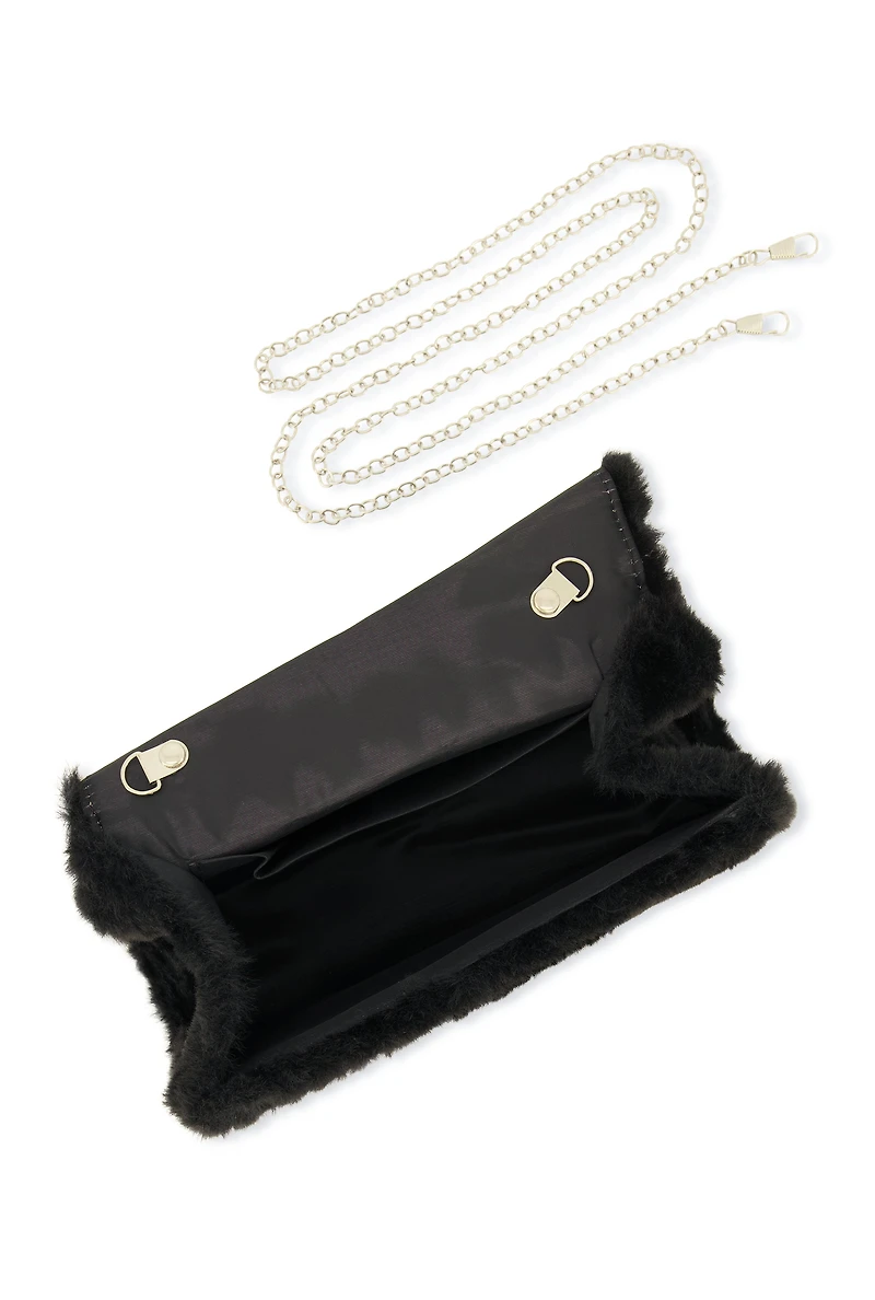 Womens Rhinestone Handle Faux Fur Handbag, Black