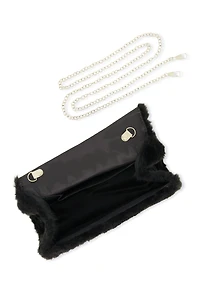 Womens Rhinestone Handle Faux Fur Handbag, Black